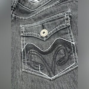 SUKO jeans light black wash boot cut cute detailing on pockets on the back